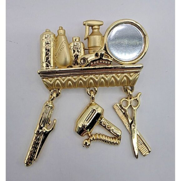 Danecraft Beautician Hair Dresser Brooch Gold Tone Salon Mirror Charms VTG - Picture 8 of 9